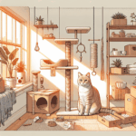 Chat à la fenêtre avec griffoir et puzzle alimentaire
