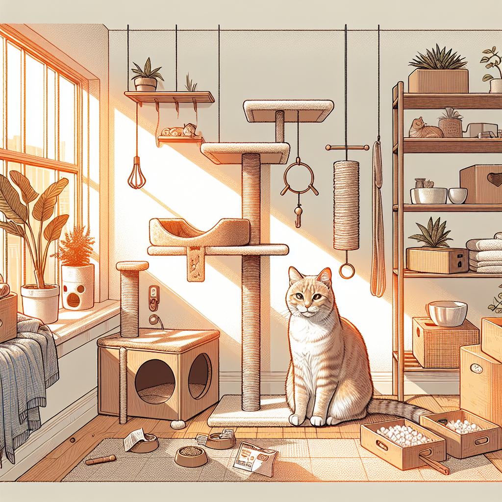 Chat à la fenêtre avec griffoir et puzzle alimentaire