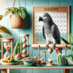 Perroquet en intérieur avec jouets, nourriture et calendrier