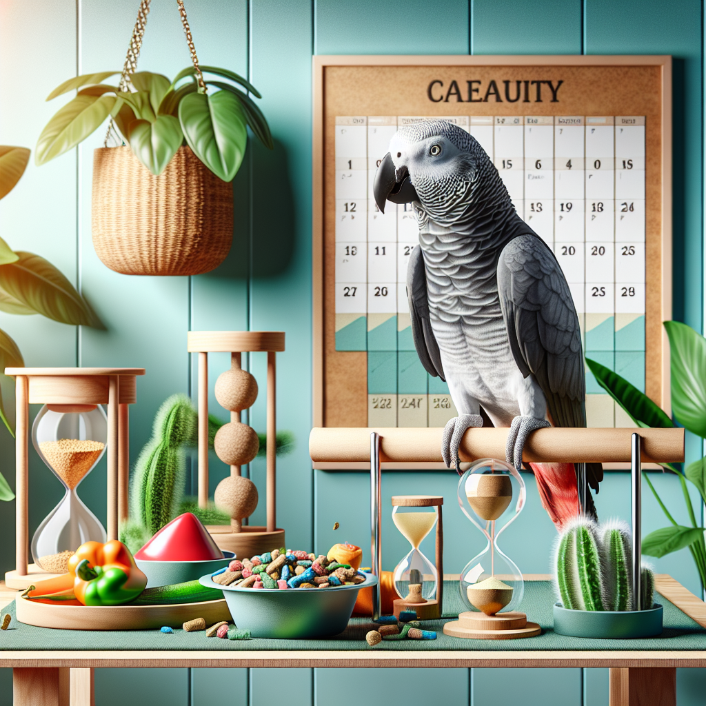 Perroquet en intérieur avec jouets, nourriture et calendrier