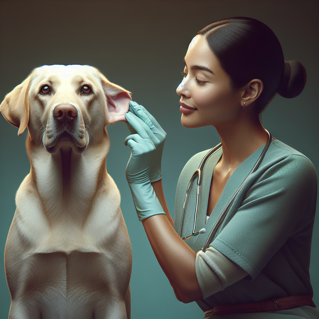 Chien se faisant examiner l'oreille par son humain