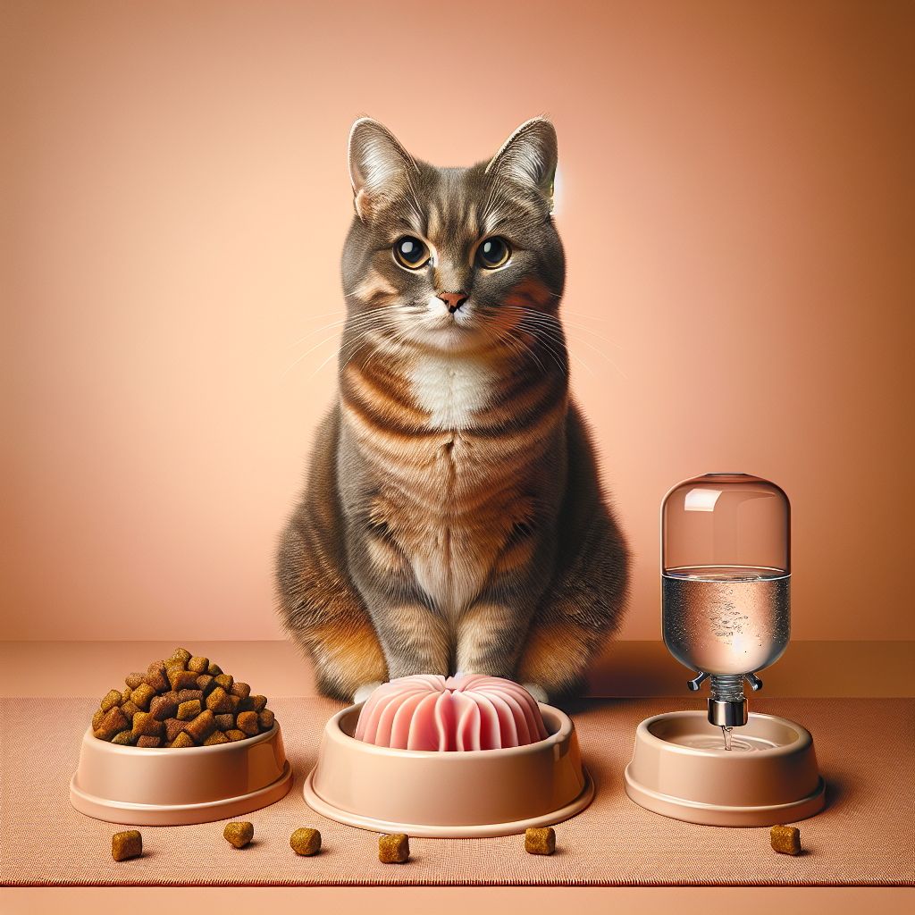 Chat mangeant pâtée et croquettes, ration mixte hydratante