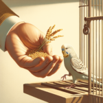 Perruche approche une main avec millet, sereine