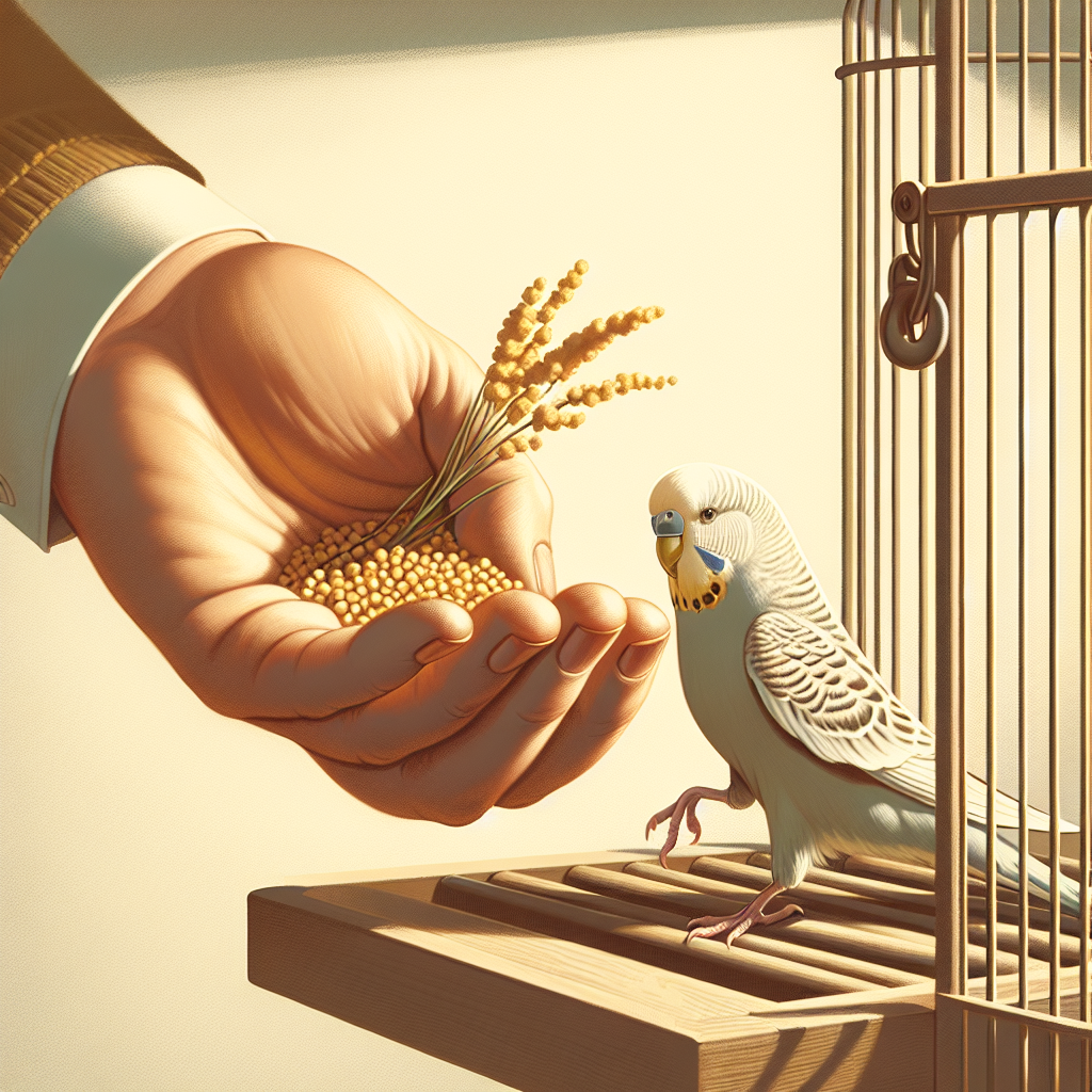 Perruche approche une main avec millet, sereine