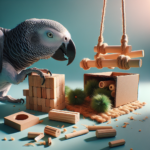 Perroquet explore des jouets de foraging dans sa cage