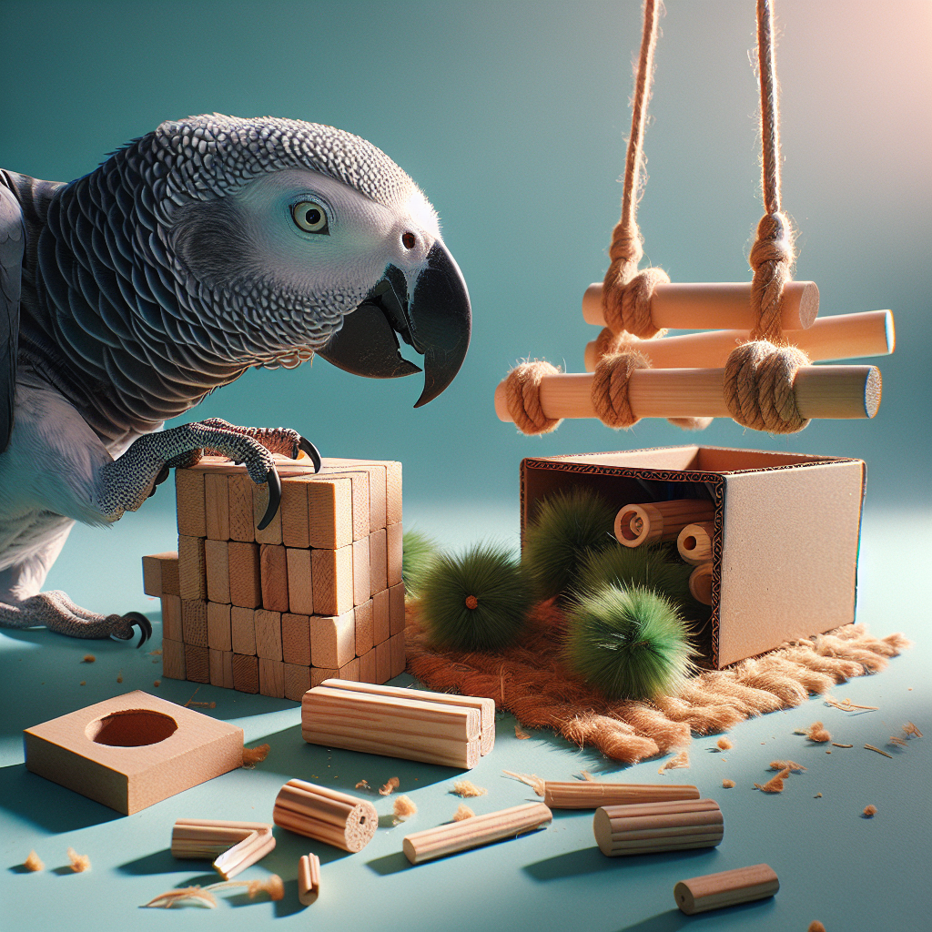 Perroquet explore des jouets de foraging dans sa cage