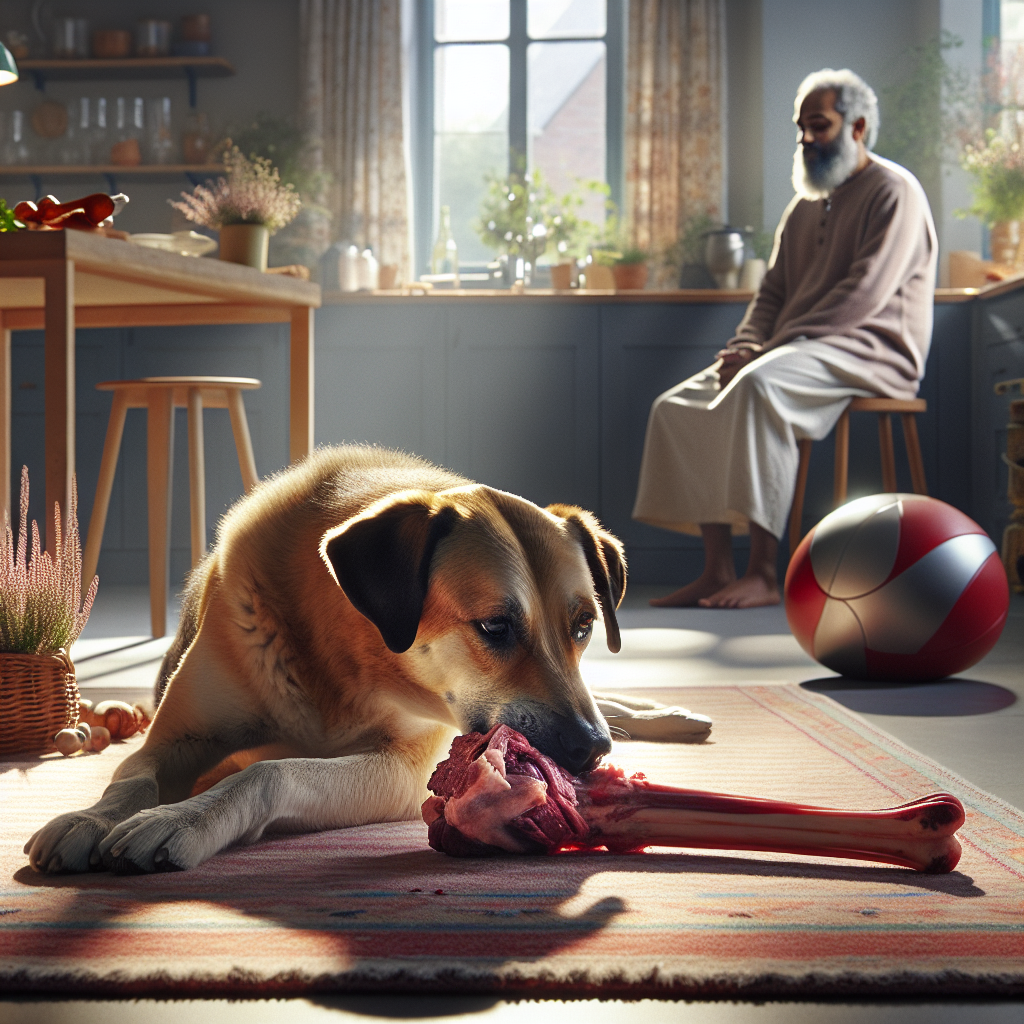 Chien mâchant un os cru en toute sécurité