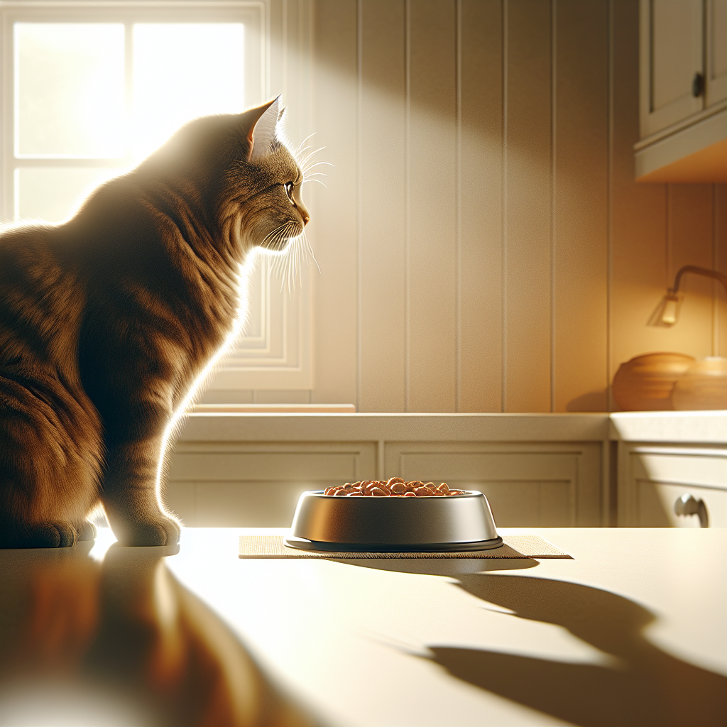 Chat au pelage terne près d'un bol vide