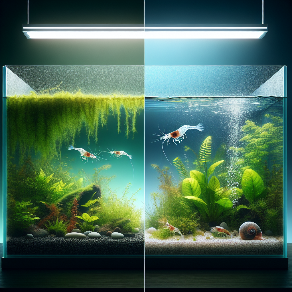 Aquarium clair avec plantes, crevettes Amano et escargot Neritina