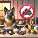 Chien devant chocolat, raisins et chewing-gums, aliments toxiques