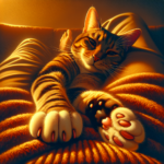 Chat qui pétrit une couverture sur les genoux de son humain