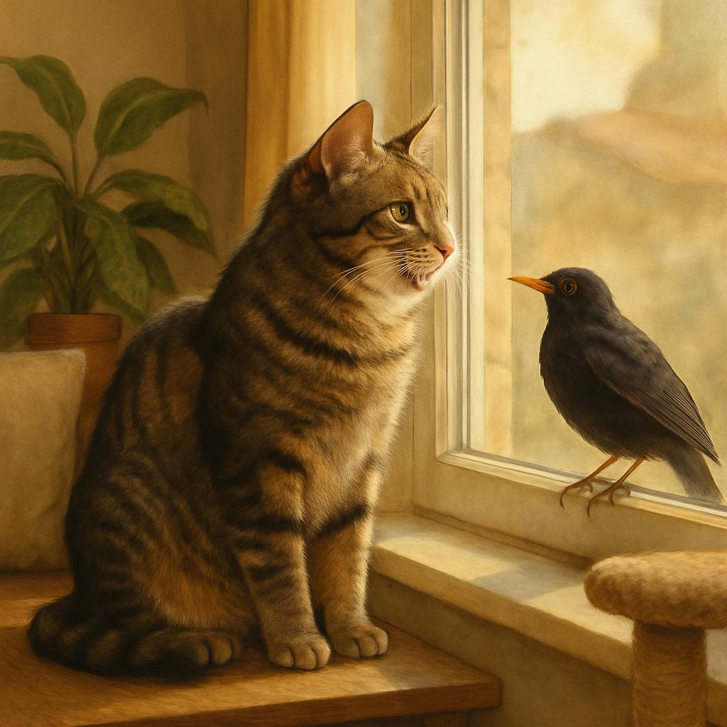 Chat qui claque des dents face à un oiseau